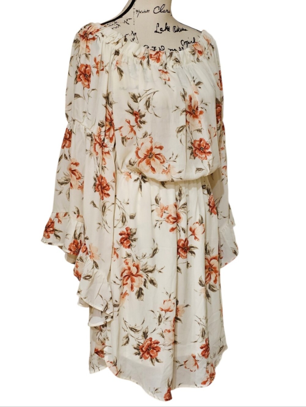 Bear Fruitt Off-Shoulder Floral Mini Dress in Cream with Rust Floral Print - Picture 5 of 7